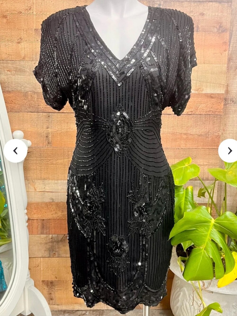 Vintage 80s Silk Beaded/Sequin V-Neck Midi Black Cocktail Dress